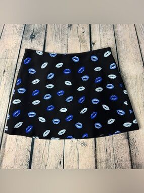 Zara Black Mini Skirt with Bold Blue Lipstick Lip Print Y2K Bratzcore Size Large